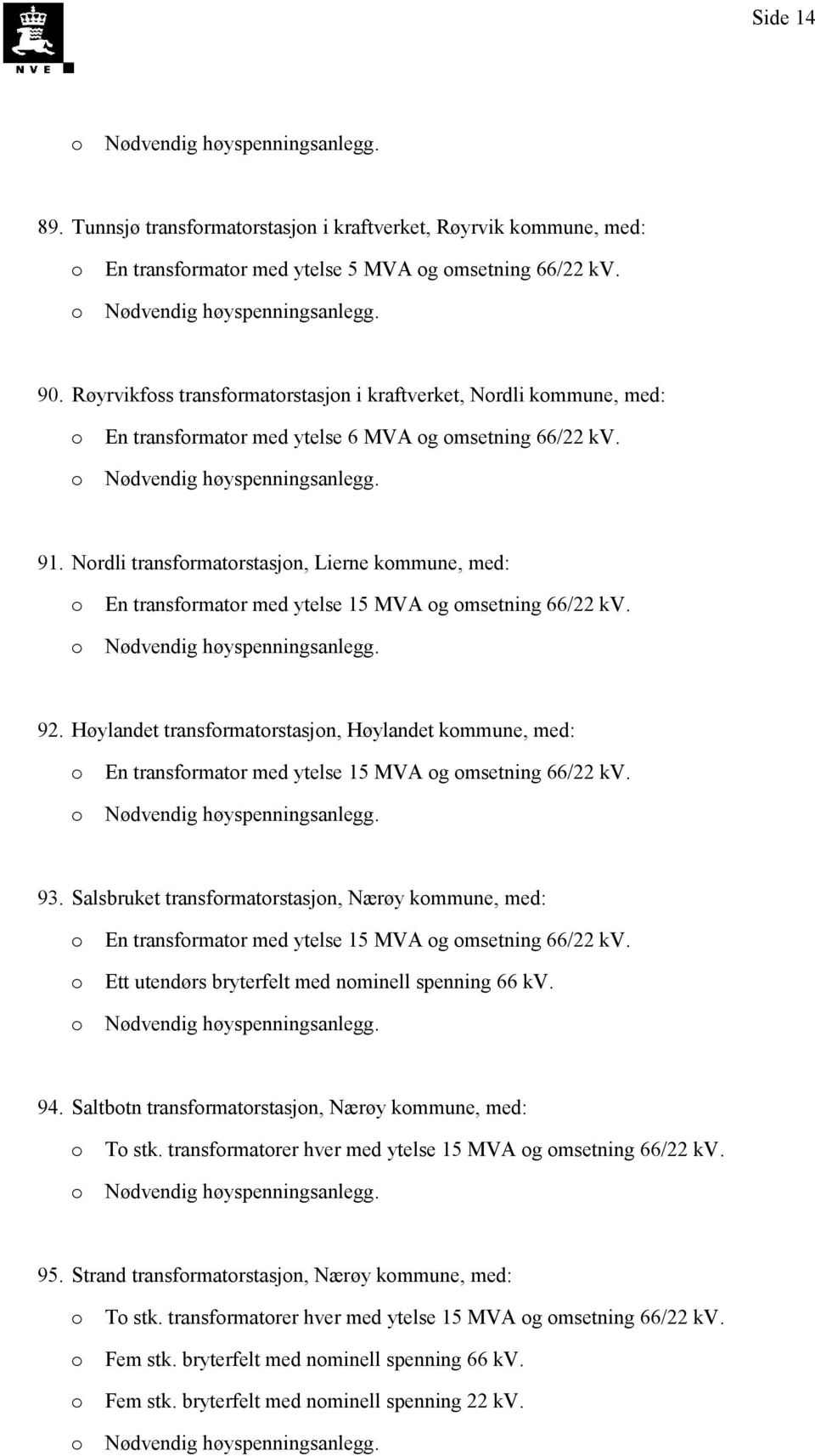Nrdli transfrmatrstasjn, Lierne kmmune, med: En transfrmatr med ytelse 15 MVA g msetning 66/22 kv. 92.