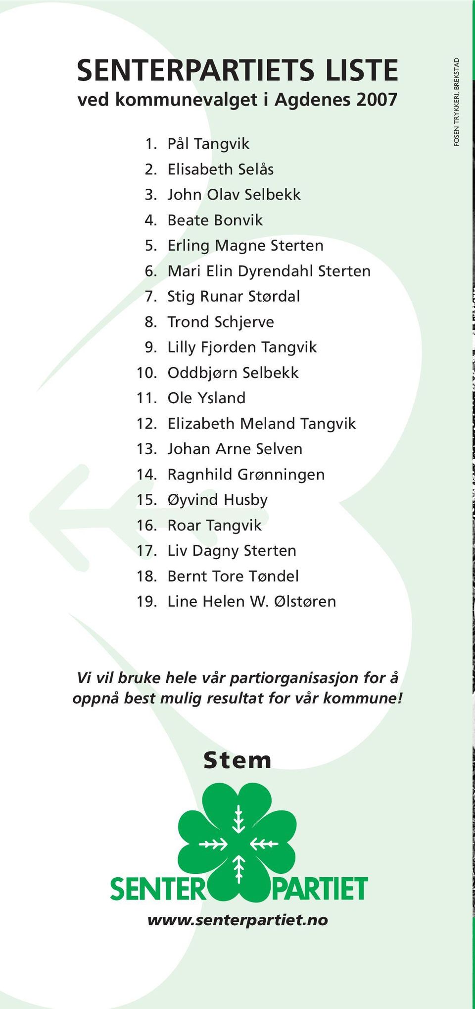 Ole Ysland 12. Elizabeth Meland Tangvik 13. Johan Arne Selven 14. Ragnhild Grønningen 15. Øyvind Husby 16. Roar Tangvik 17. Liv Dagny Sterten 18.