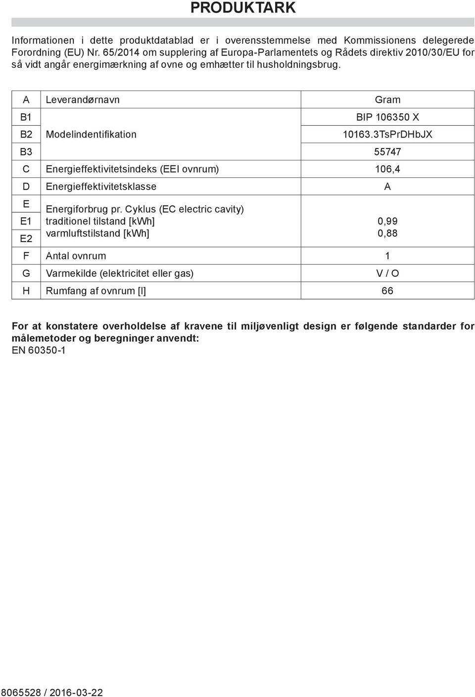 A Leverandørnavn Gram B1 B2 Modelindentifikation B3 55747 C Energieffektivitetsindeks (EEI ovnrum) 106,4 D Energieffektivitetsklasse A E Energiforbrug pr.