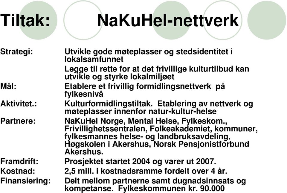 Etablering av nettverk og møteplasser innenfor natur-kultur-helse Partnere: NaKuHel Norge, Mental Helse, Fylkeskom.