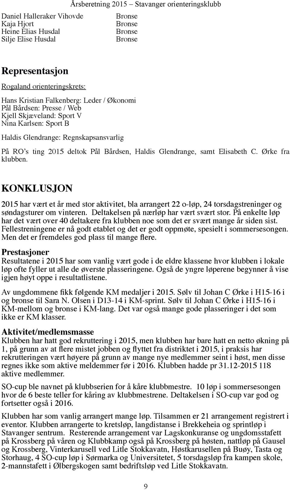 KONKLUSJON 2015 har vært et år med stor aktivitet, bla arrangert 22 o-løp, 24 torsdagstreninger og søndagsturer om vinteren. Deltakelsen på nærløp har vært svært stor.