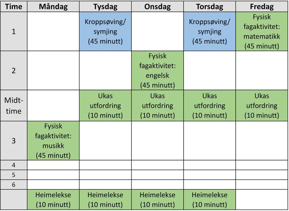 fagaktivitet: engelsk (45 minutt) Ukas utfordring (10 minutt) Heimelekse  fagaktivitet: matematikk (45 minutt)