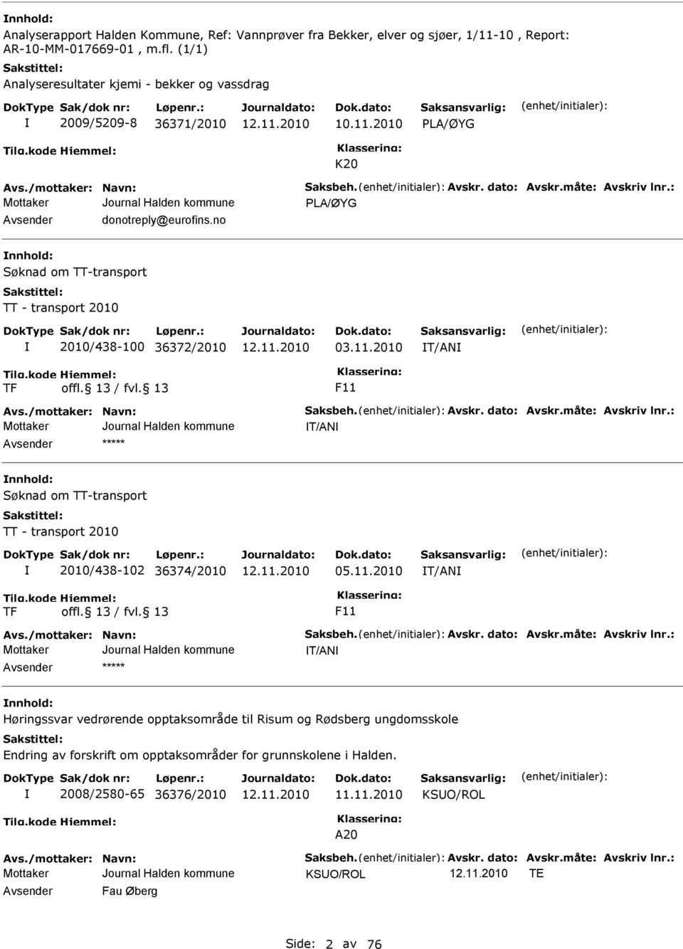 : PLA/ØYG Avsender donotreply@eurofins.no nnhold: øknad om TT-transport TT - transport 2010 2010/438-100 36372/2010 03.11.2010 T/AN TF F11 Avs./mottaker: Navn: aksbeh. Avskr. dato: Avskr.