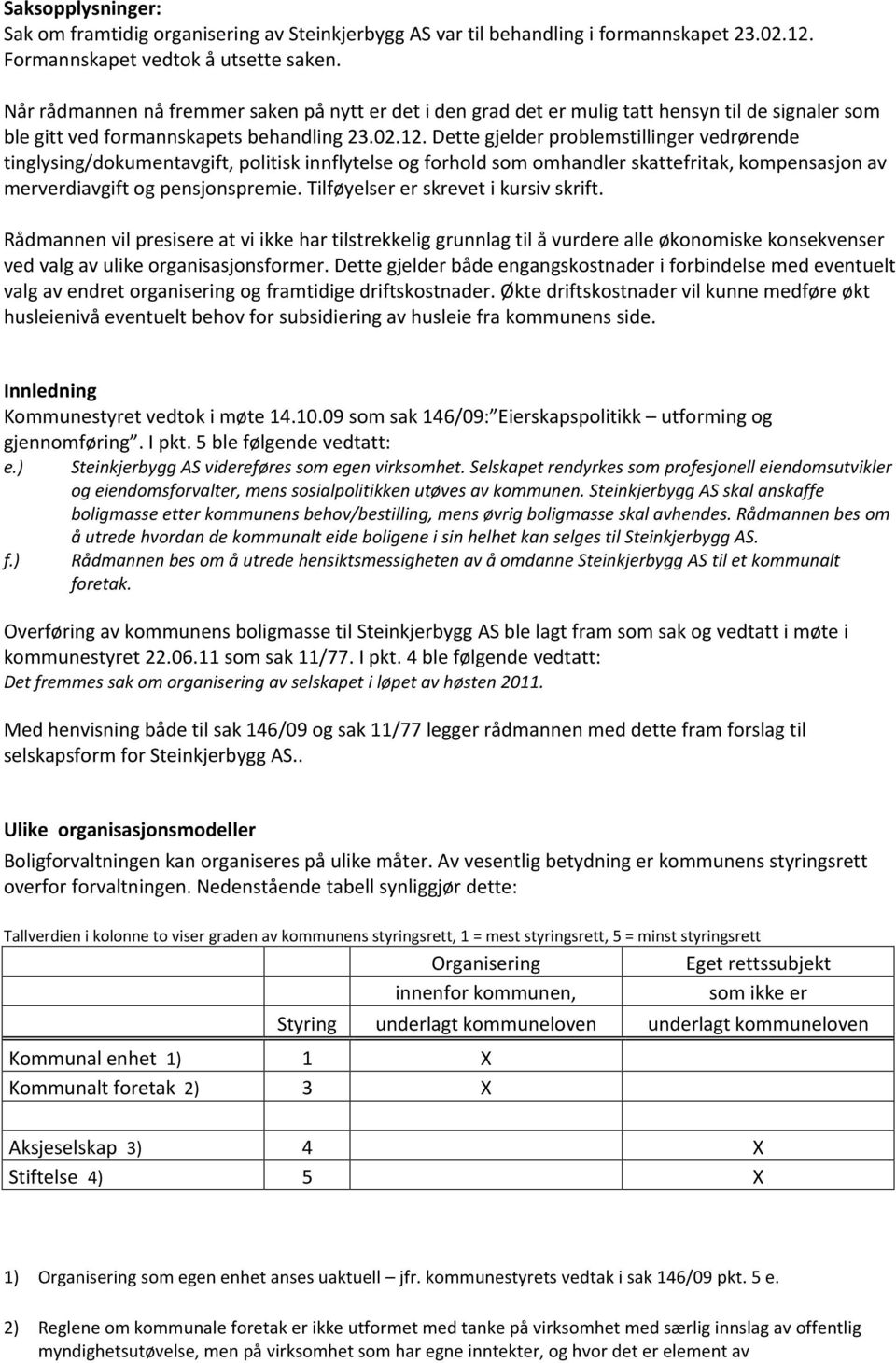 Dette gjelder problemstillinger vedrørende tinglysing/dokumentavgift, politisk innflytelse og forhold som omhandler skattefritak, kompensasjon av merverdiavgift og pensjonspremie.