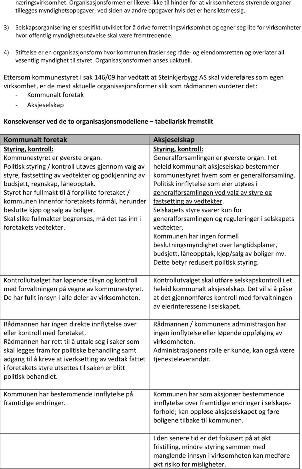 4) Stiftelse er en organisasjonsform hvor kommunen frasier seg råde- og eiendomsretten og overlater all vesentlig myndighet til styret. Organisasjonsformen anses uaktuell.