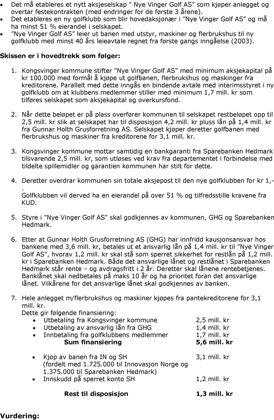 Nye Vinger Golf AS leier ut banen med utstyr, maskiner og flerbrukshus til ny golfklubb med minst 40 års leieavtale regnet fra første gangs inngåelse (2003). Skissen er i hovedtrekk som følger: 1.
