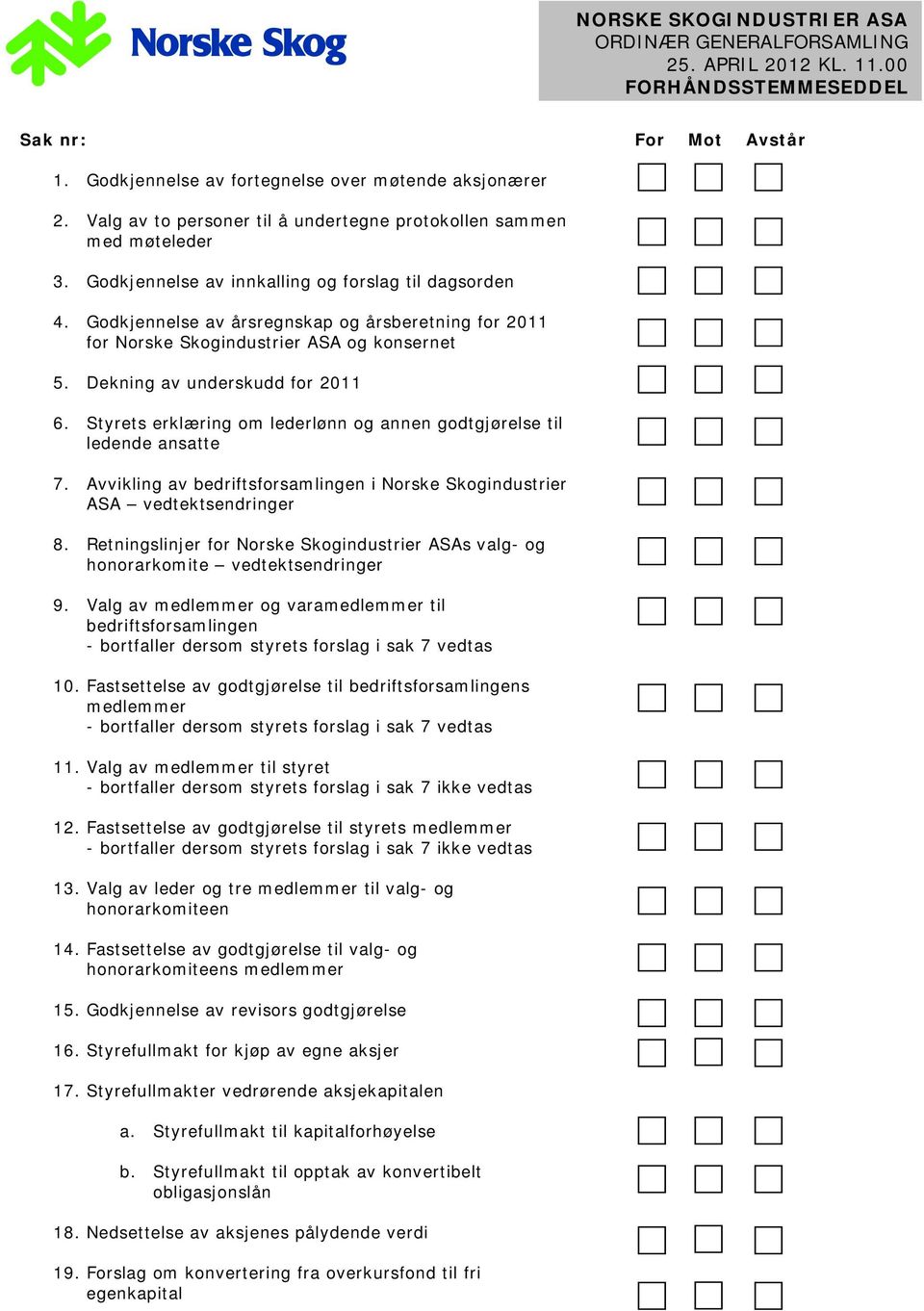 Styrets erklæring om lederlønn og annen godtgjørelse til ledende ansatte 7. Avvikling av bedriftsforsamlingen i Norske Skogindustrier ASA vedtektsendringer 8.