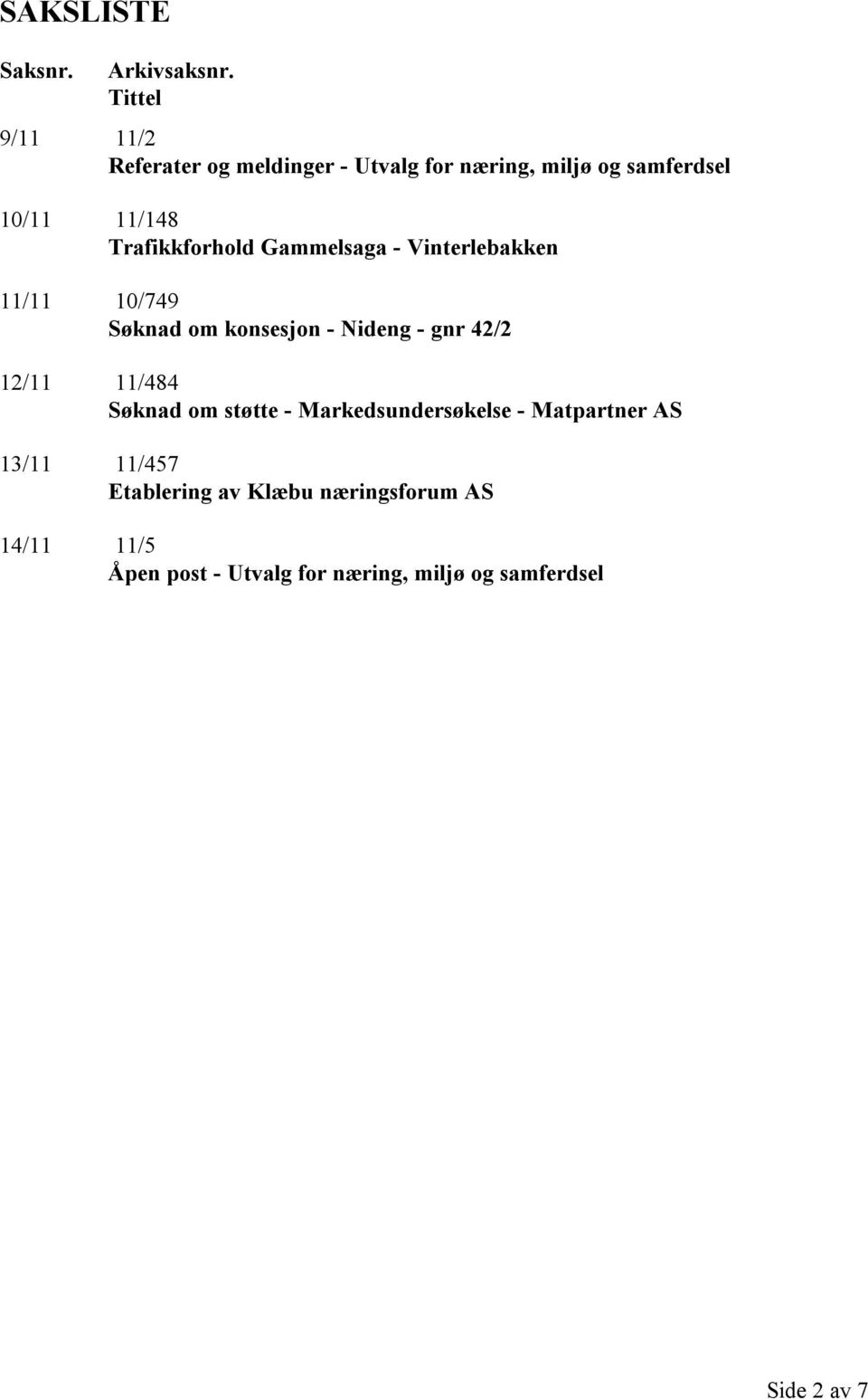 Trafikkforhold Gammelsaga - Vinterlebakken 11/11 10/749 Søknad om konsesjon - Nideng - gnr 42/2 12/11