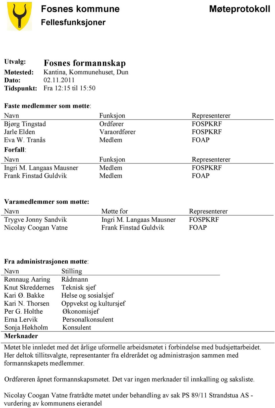 Tranås Medlem FOAP Forfall: Navn Funksjon Representerer Ingri M.