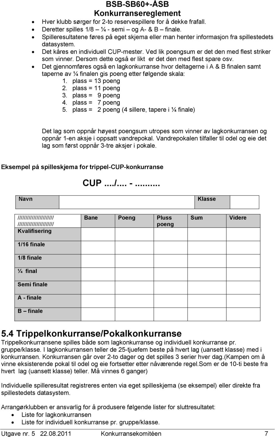 Dersom dette også er likt er det den med flest spare osv. Det gjennomføres også en lagkonkurranse hvor deltagerne i A & B finalen samt taperne av ¼ finalen gis poeng etter følgende skala: 1.