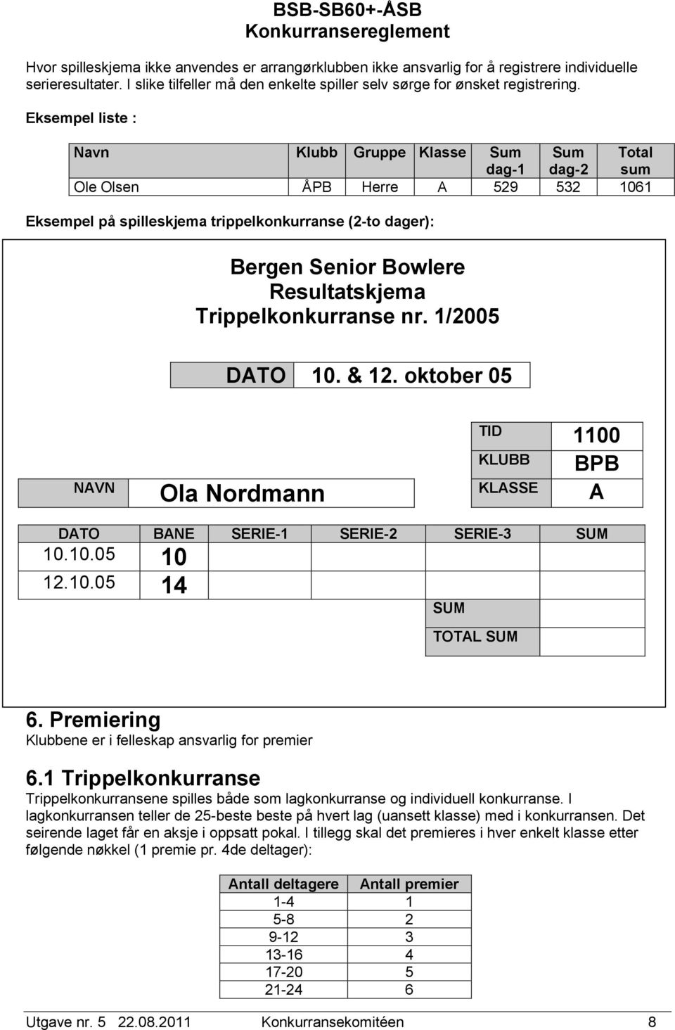 Resultatskjema Trippelkonkurranse nr. 1/2005 DATO 10. & 12. oktober 05 TID 1100 KLUBB BPB NAVN Ola Nordmann KLASSE A DATO BANE SERIE-1 SERIE-2 SERIE-3 SUM 10.10.05 10 12.10.05 14 SUM TOTAL SUM 6.