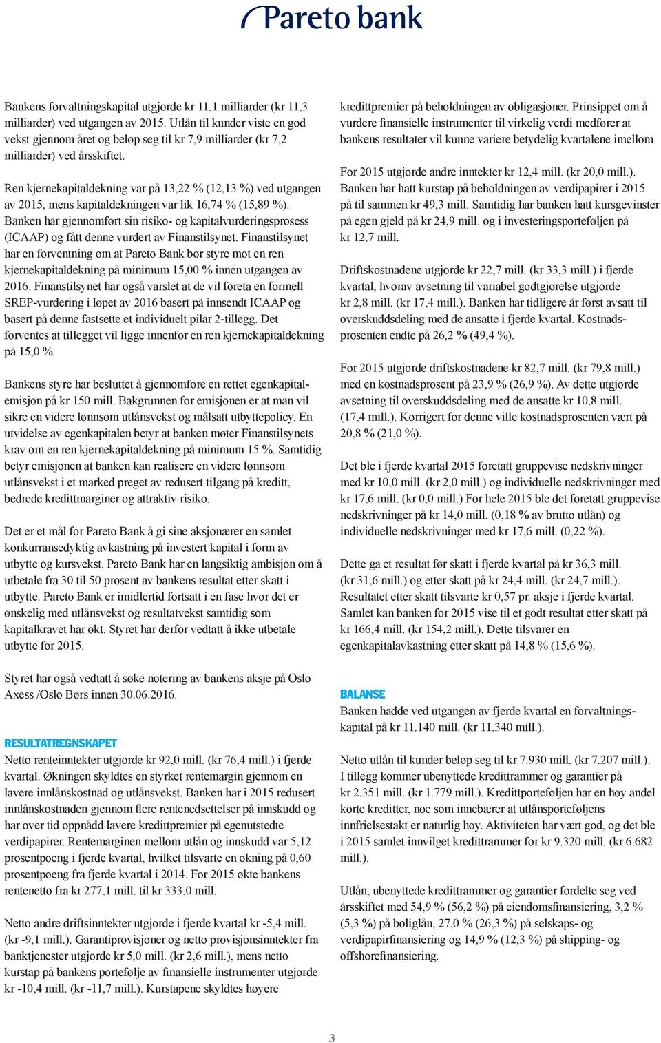 Ren kjernekapitaldekning var på 13,22 % (12,13 %) ved utgangen av 2015, mens kapitaldekningen var lik 16,74 % (15,89 %).