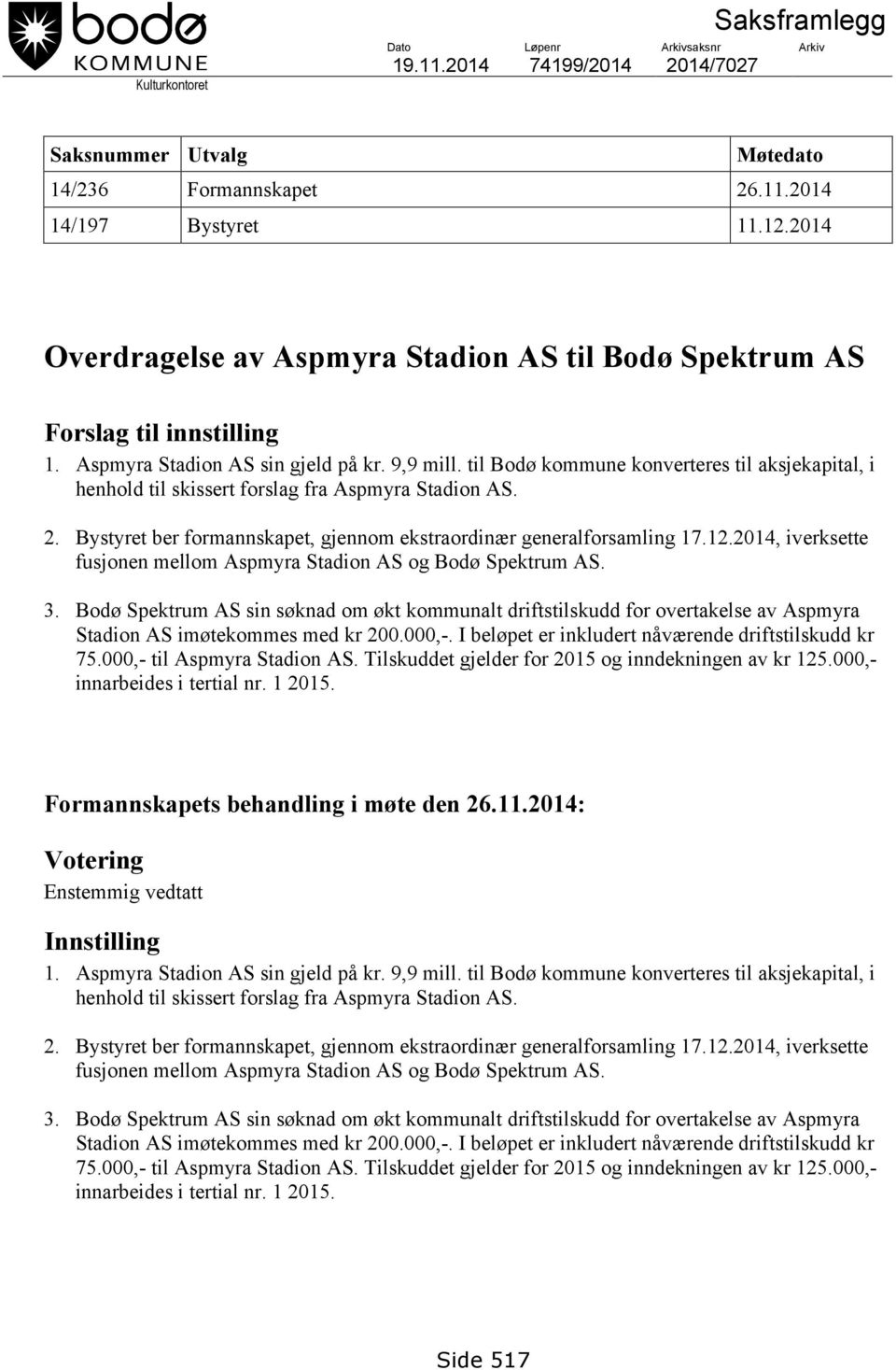 til Bodø kommune konverteres til aksjekapital, i henhold til skissert forslag fra Aspmyra Stadion AS. 2. Bystyret ber formannskapet, gjennom ekstraordinær generalforsamling 17.12.