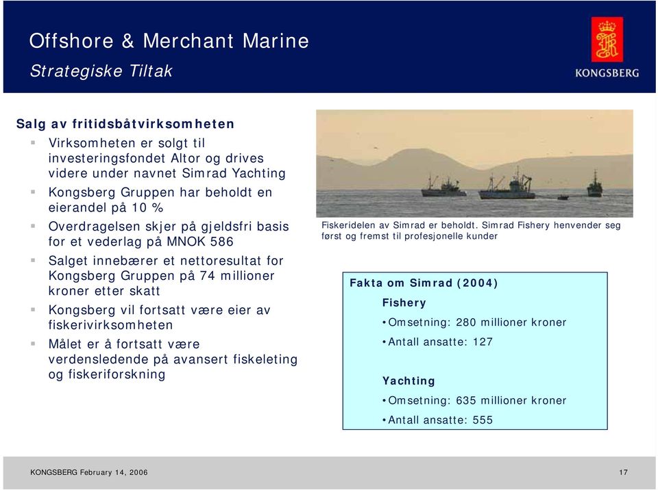 Kongsberg vil fortsatt være eier av fiskerivirksomheten Målet er å fortsatt være verdensledende på avansert fiskeleting og fiskeriforskning Fiskeridelen av Simrad er beholdt.