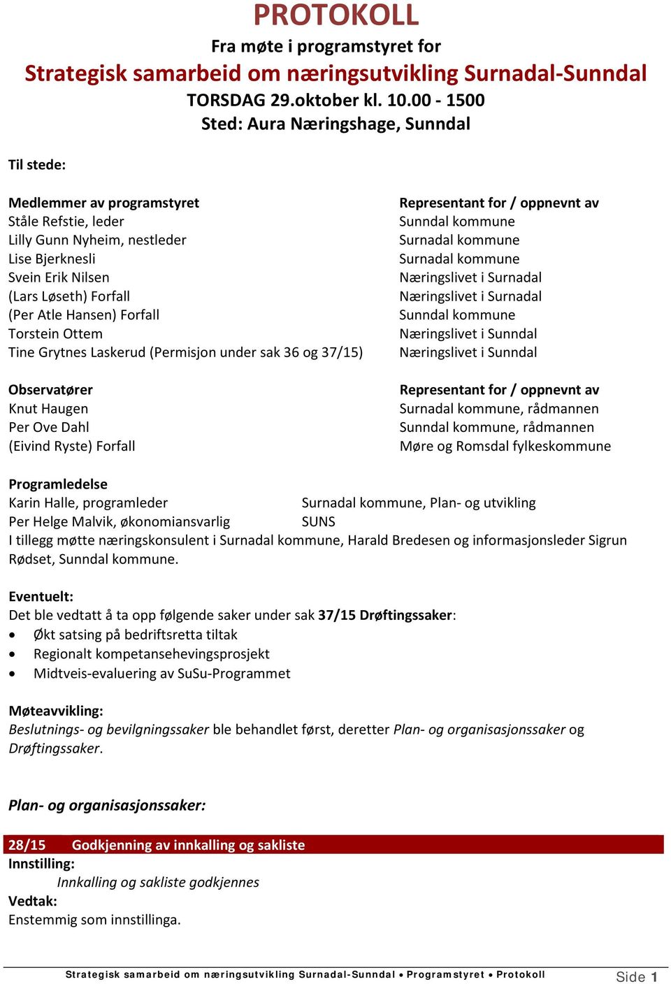 Hansen) Forfall Torstein Ottem Tine Grytnes Laskerud (Permisjon under sak 36 og 37/15) Observatører Knut Haugen Per Ove Dahl (Eivind Ryste) Forfall Representant for / oppnevnt av Sunndal kommune