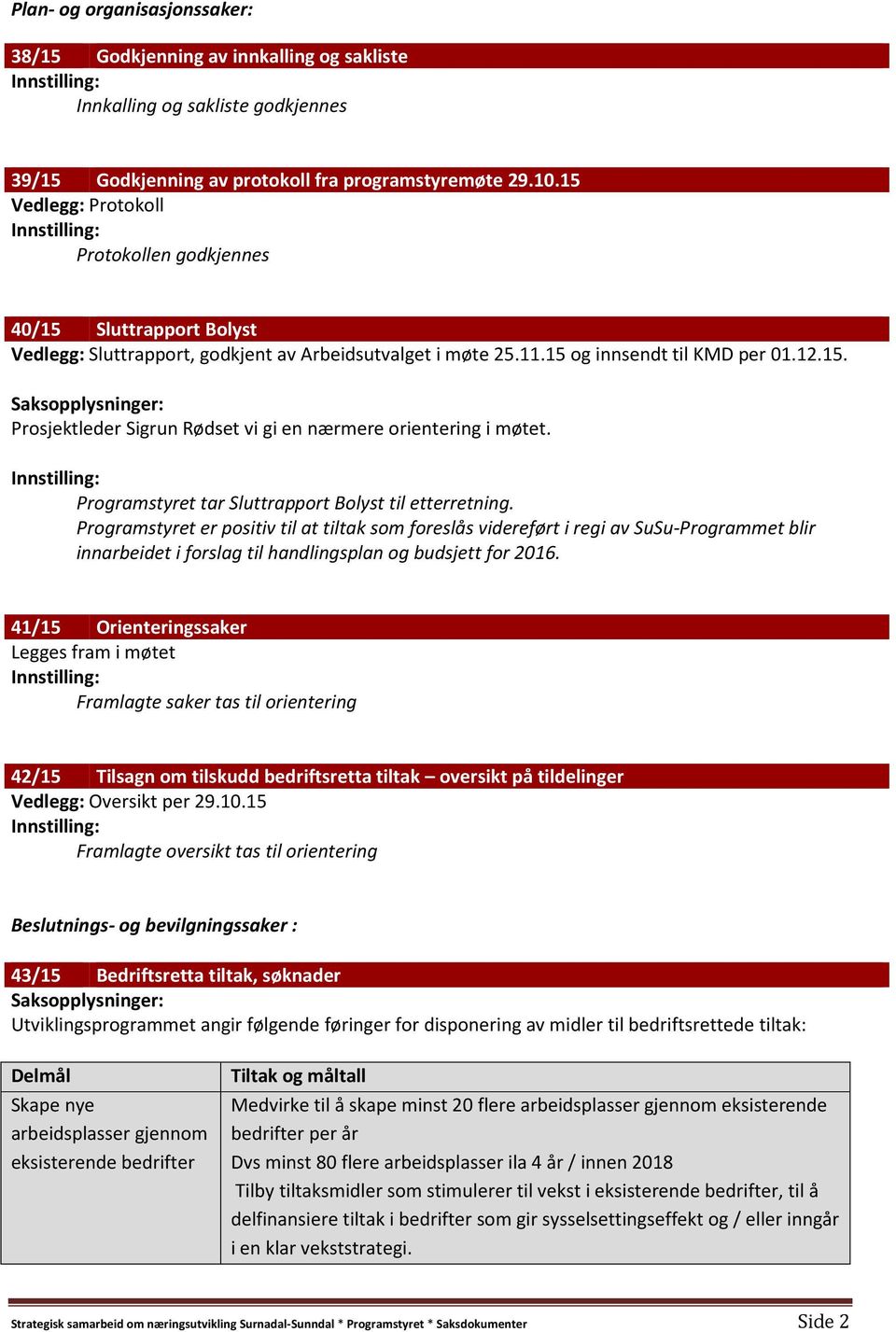 Programstyret tar Sluttrapport Bolyst til etterretning.