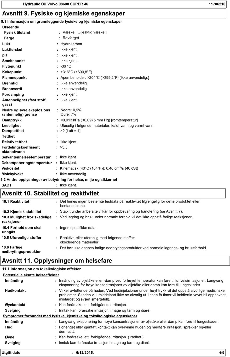 Flytepunkt 36 C Kokepunkt Flammepunkt Brenntid Brennverdi Fordamping Antennelighet (fast stoff, gass) Nedre og øvre eksplosjons (antennelig) grense >316 C (>600,8 F) Åpen beholder >204 C (>399,2 F)