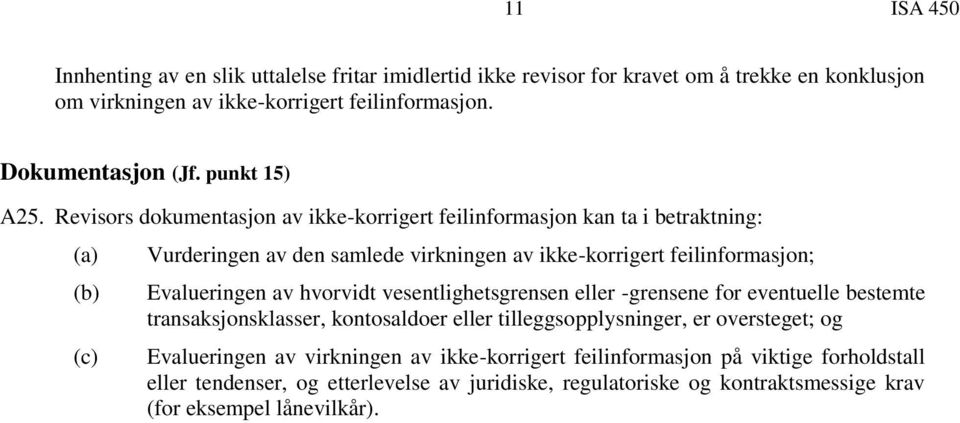 Revisors dokumentasjon av ikke-korrigert feilinformasjon kan ta i betraktning: (c) Vurderingen av den samlede virkningen av ikke-korrigert feilinformasjon; Evalueringen av