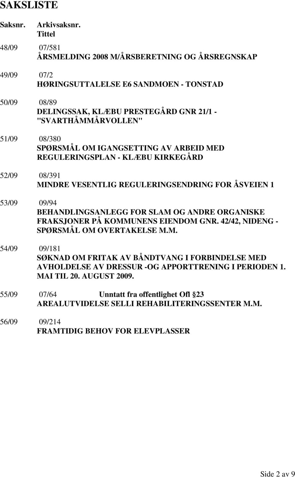 08/380 SPØRSMÅL OM IGANGSETTING AV ARBEID MED REGULERINGSPLAN - KLÆBU KIRKEGÅRD 52/09 08/391 MINDRE VESENTLIG REGULERINGSENDRING FOR ÅSVEIEN 1 53/09 09/94 BEHANDLINGSANLEGG FOR SLAM OG ANDRE