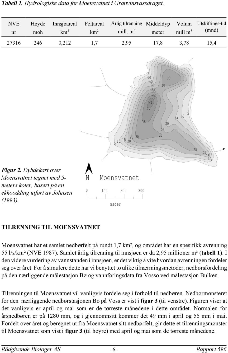 Dybdekart over Moensvatnet tegnet med 5- meters koter basert på en ekkoodding utført av Johnsen (1993).