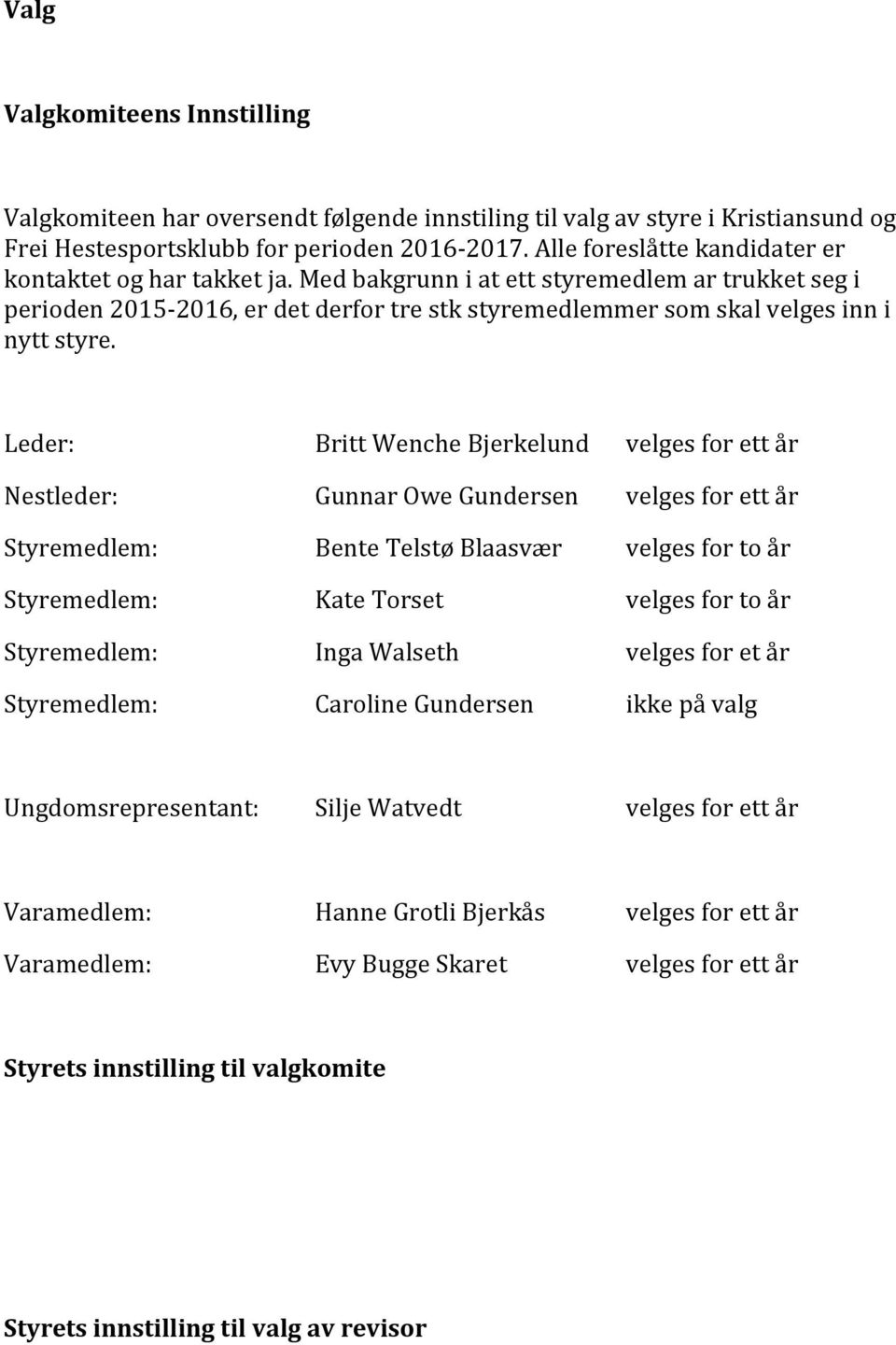 Leder: Britt Wenche Bjerkelund velges for ett år Nestleder: Gunnar Owe Gundersen velges for ett år Styremedlem: Bente Telstø Blaasvær velges for to år Styremedlem: Kate Torset velges for to år