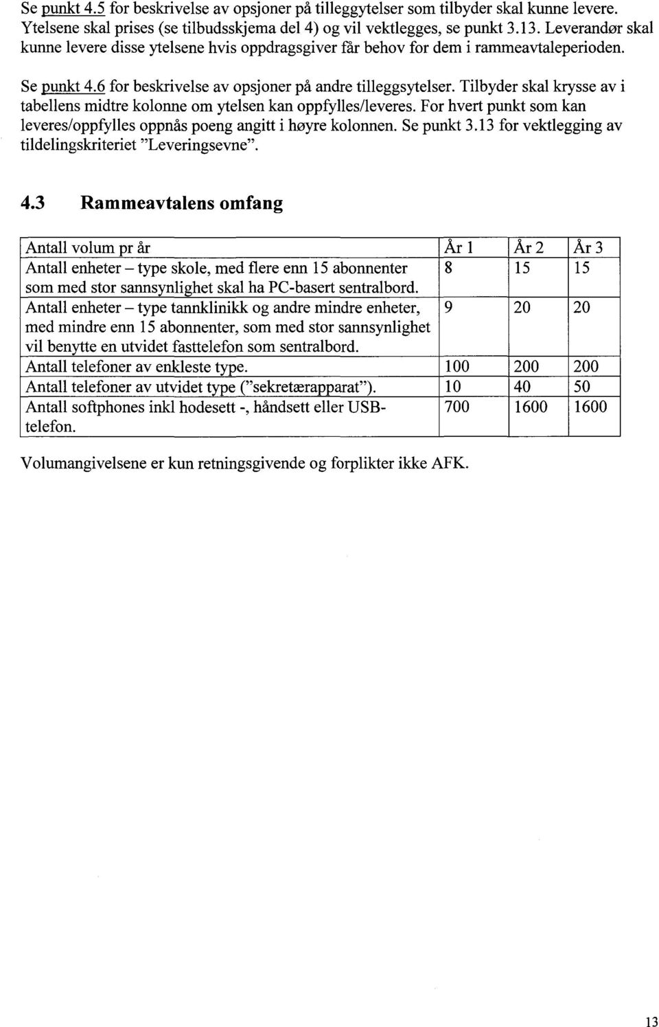 6 for beskrivelse av opsjoner på andre tilleggsytelser. Tilbyder skal krysse av i tabellens midtre kolonne om ytelsen kan oppfylles/leveres.