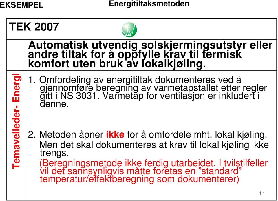 Varmetap for ventilasjon er inkludert i denne. 2. Metoden åpner ikke for å omfordele mht. lokal kjøling.