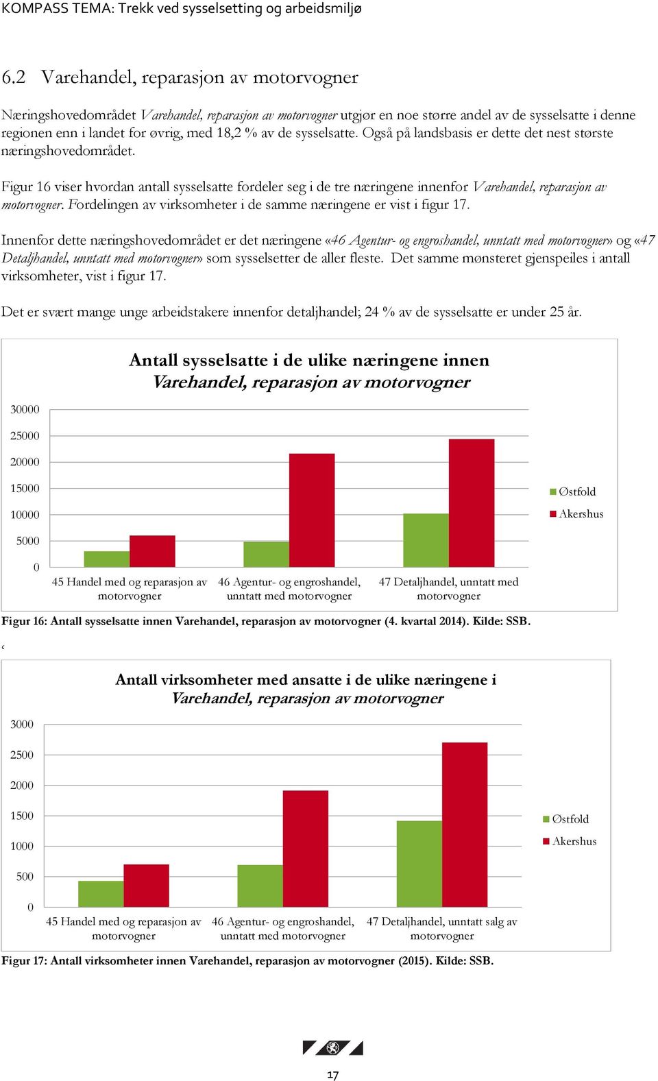 Figur 16 viser hvordan antall sysselsatte fordeler seg i de tre næringene innenfor Varehandel, reparasjon av motorvogner. Fordelingen av virksomheter i de samme næringene er vist i figur 17.