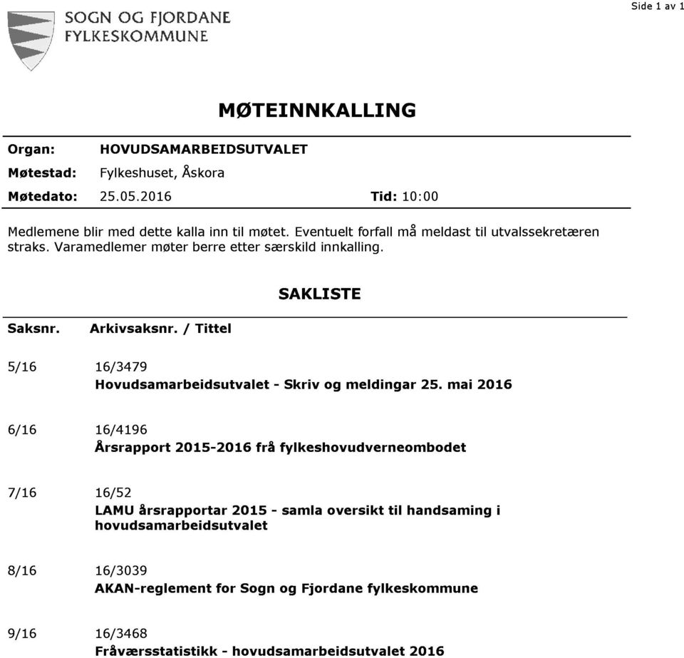 / Tittel SAKLISTE 5 / 16 16 / 3479 Hovudsamarbeidsutvalet - Skriv og meldingar 25.