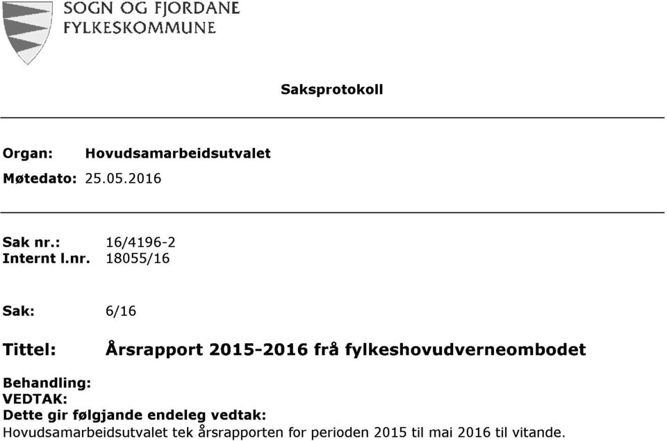 18055 / 16 Sak: 6 / 16 Tittel: Årsrapport 2015-2016 frå fylkeshovudverneombodet