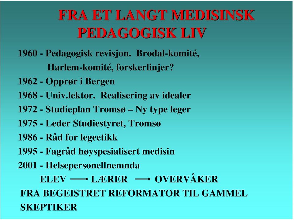 Realisering av idealer 1972 - Studieplan Tromsø Ny type leger 1975 - Leder Studiestyret, Tromsø 1986