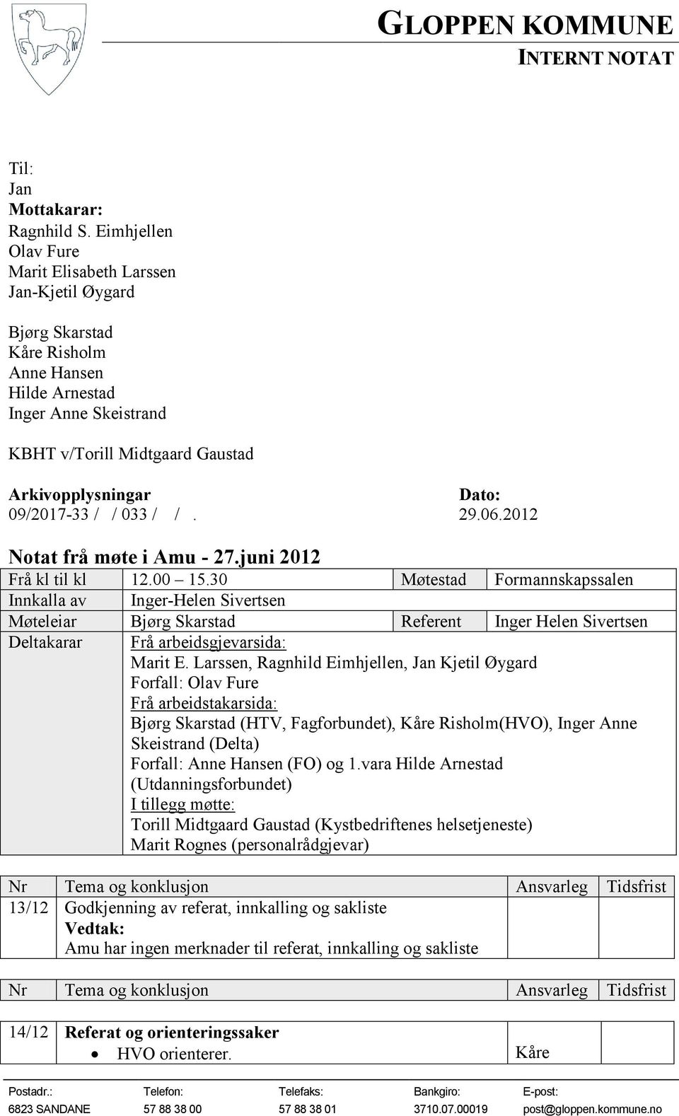 09/2017-33 / / 033 / /. 29.06.2012 Notat frå møte i Amu - 27.juni 2012 Frå kl til kl 12.00 15.