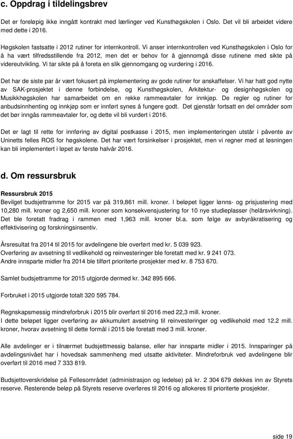 Vi anser internkontrollen ved Kunsthøgskolen i Oslo for å ha vært tilfredsstillende fra 2012, men det er behov for å gjennomgå disse rutinene med sikte på videreutvikling.