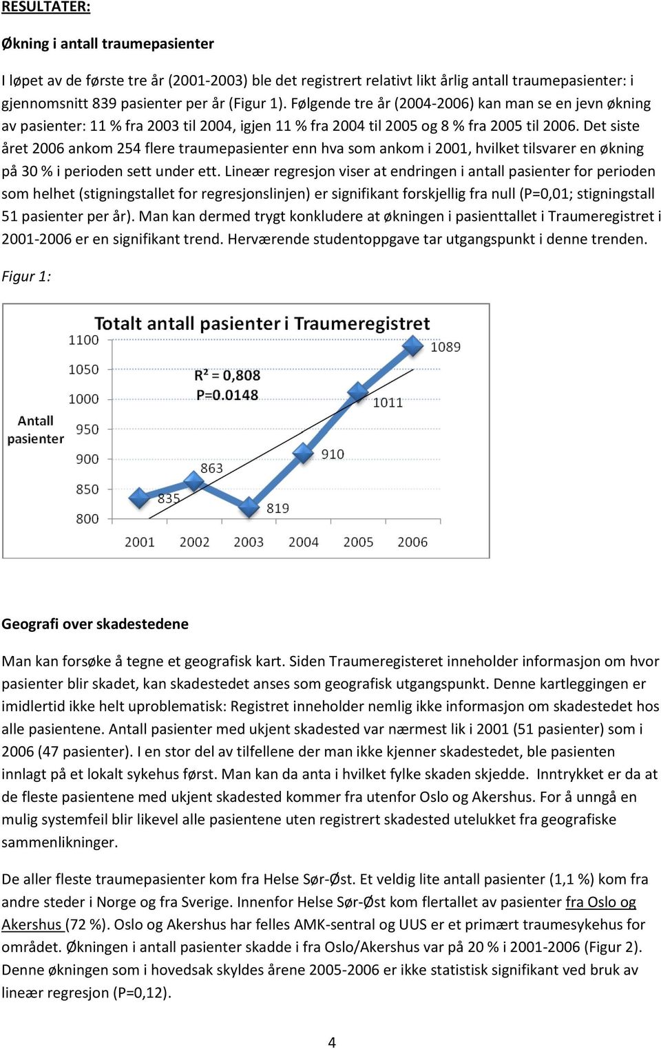 Det siste året 2006 ankom 254 flere traumepasienter enn hva som ankom i 2001, hvilket tilsvarer en økning på 30 % i perioden sett under ett.