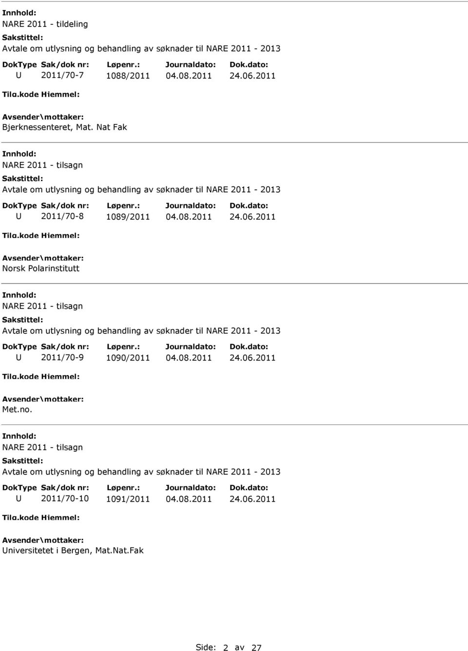 2011 Norsk olarinstitutt NARE 2011 - tilsagn 2011/70-9 1090/2011 24.06.
