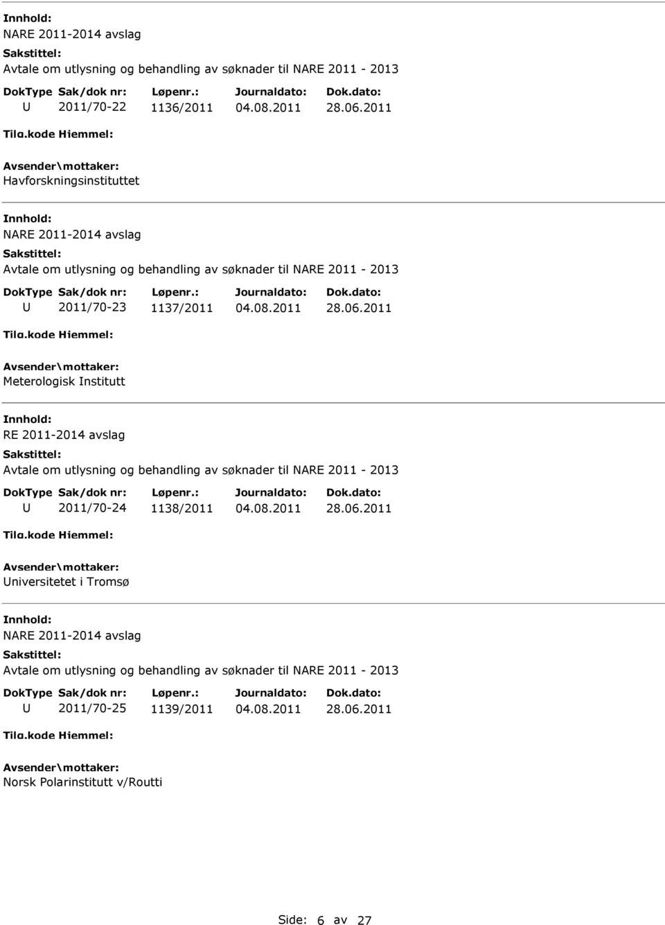 2011-2014 avslag 2011/70-24 1138/2011 niversitetet i Tromsø NARE