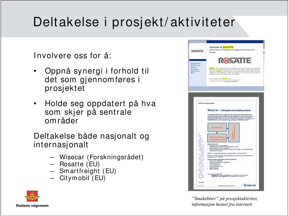 Deltakelse både nasjonalt og internasjonalt Wisecar (Forskningsrådet) Rosatte (EU)