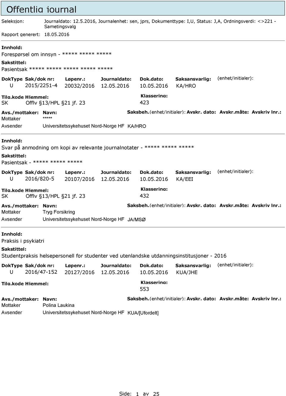 : Mottaker ***** niversitetssykehuset Nord-Norge HF Svar på anmodning om kopi av relevante journalnotater - ***** ***** ***** Pasientsak - ***** ***** ***** 2016/820-5 20107/2016 KA/EE 432 Avs.