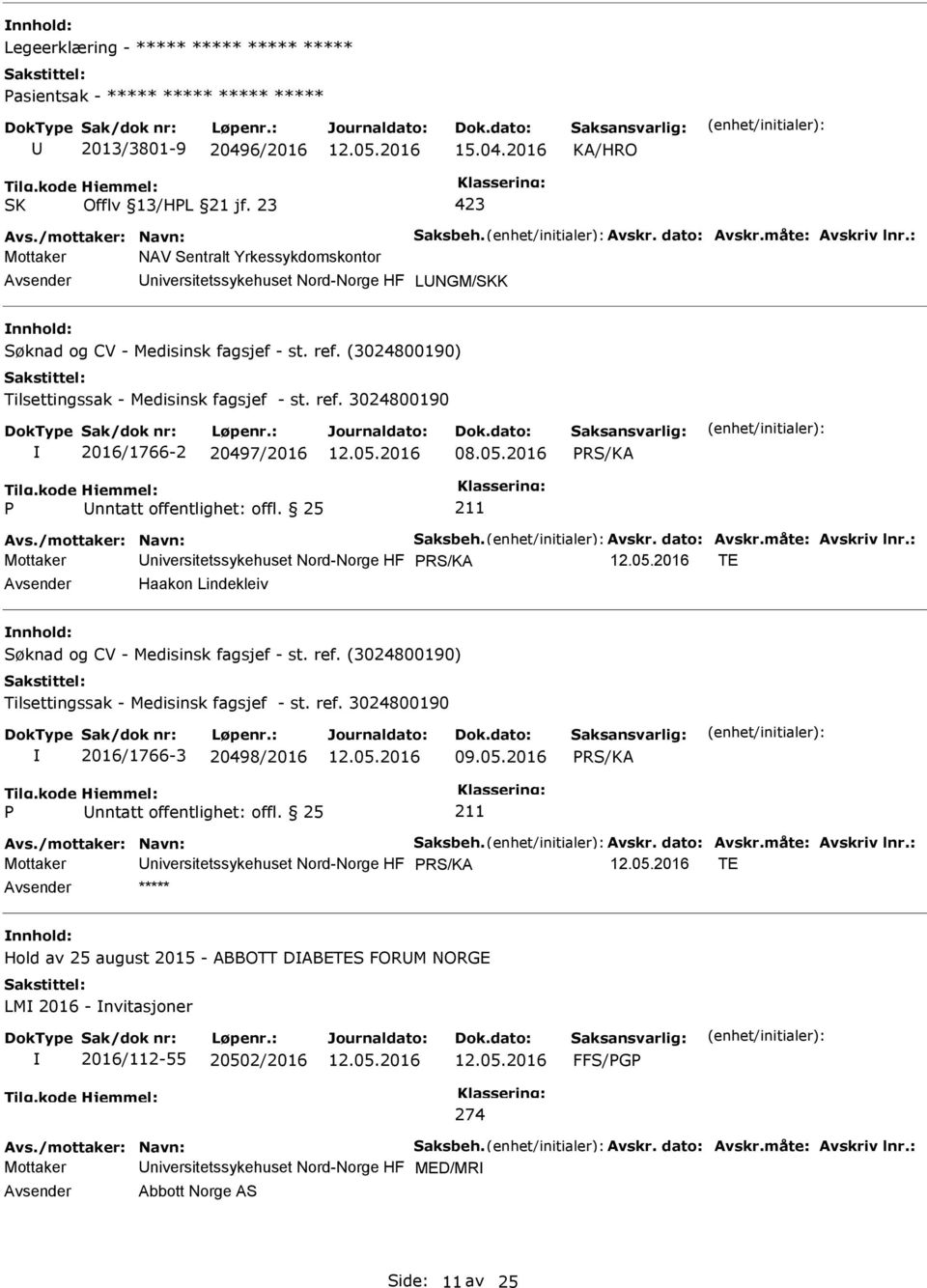 05.2016 PRS/KA P nntatt offentlighet: offl. 25 211 Avs./mottaker: Navn: Saksbeh. Avskr. dato: Avskr.måte: Avskriv lnr.