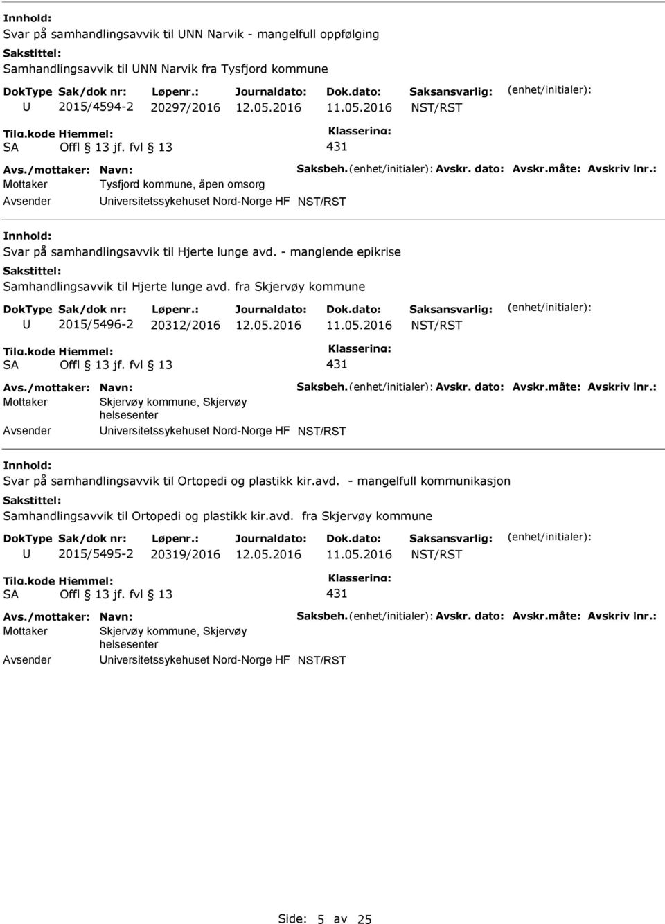 - manglende epikrise Samhandlingsavvik til Hjerte lunge avd. fra Skjervøy kommune 2015/5496-2 20312/2016 SA Offl 13 jf. fvl 13 431 Avs./mottaker: Navn: Saksbeh. Avskr. dato: Avskr.måte: Avskriv lnr.