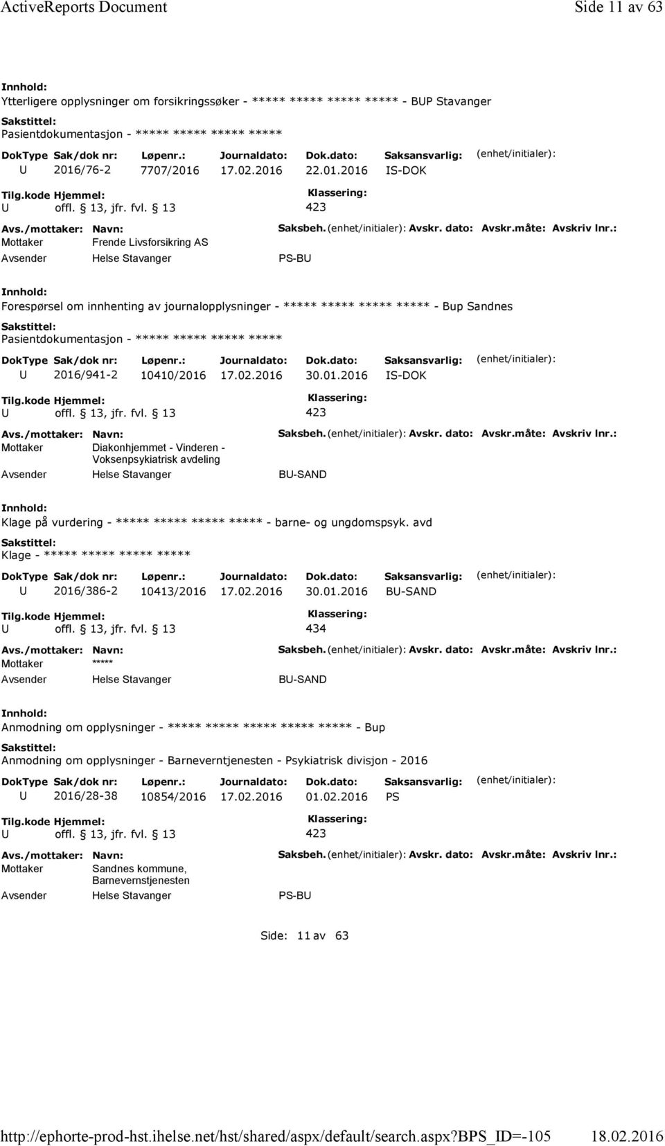 : PS-B Forespørsel om innhenting av journalopplysninger - ***** ***** ***** ***** - Bup Sandnes 2016/941-2 10410/2016 30.01.2016 Mottaker Diakonhjemmet - Vinderen - Voksenpsykiatrisk avdeling Saksbeh.