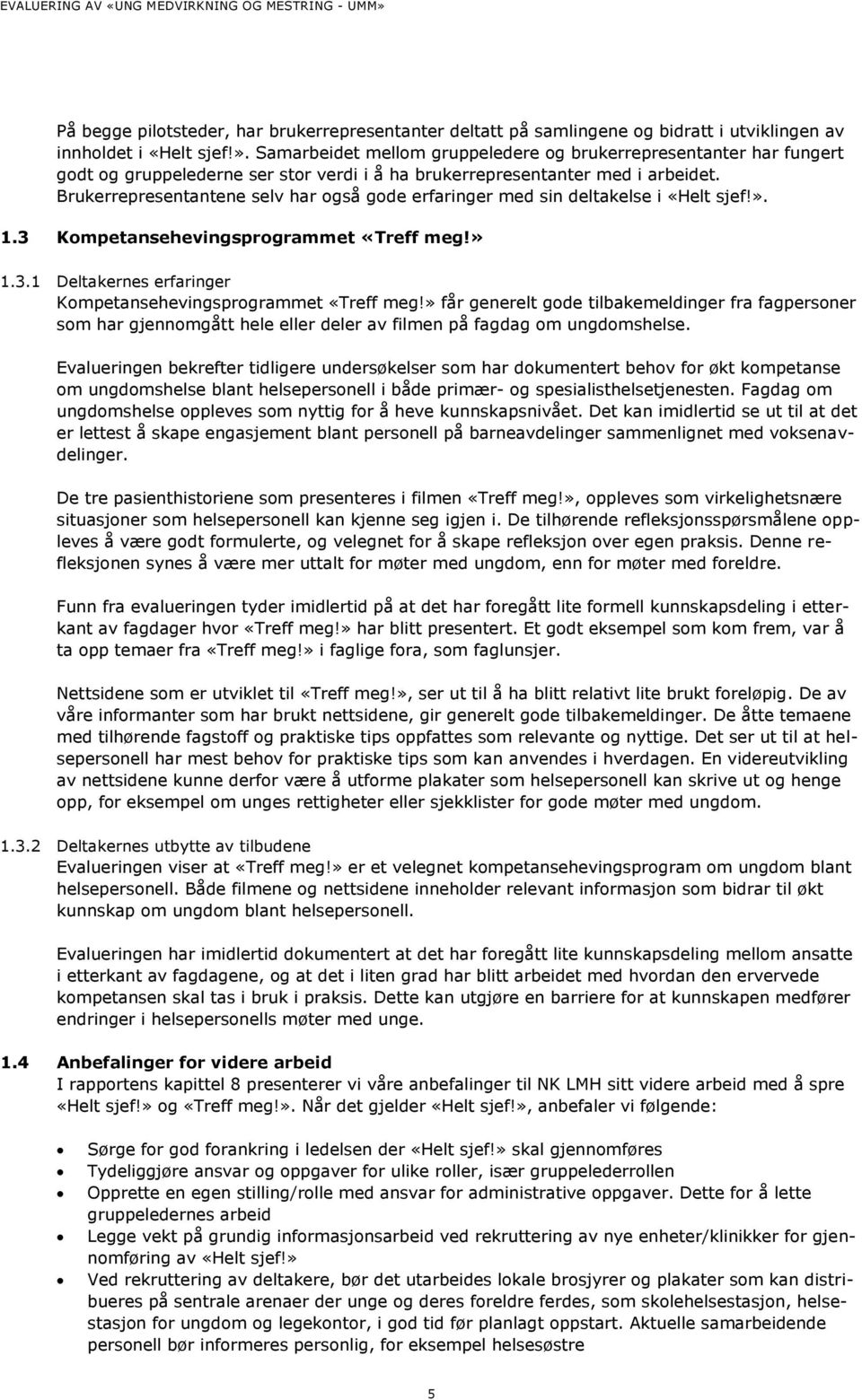 Brukerrepresentantene selv har også gode erfaringer med sin deltakelse i «Helt sjef!». 1.3 Kompetansehevingsprogrammet «Treff meg!» 1.3.1 Deltakernes erfaringer Kompetansehevingsprogrammet «Treff meg!