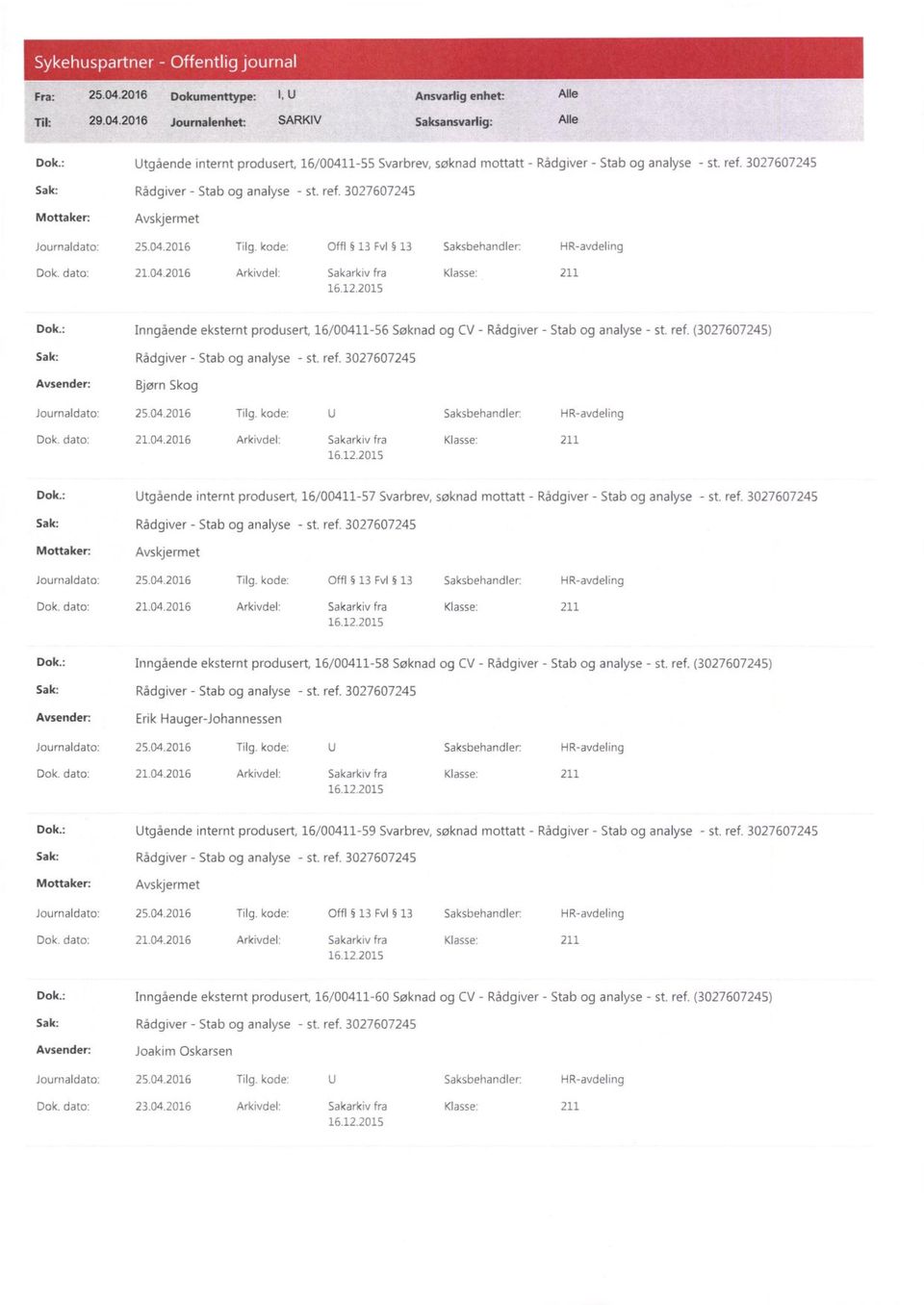 (3027607245) Avsender: Bjørn Skog 21.04.2016 Arkivdel. Sakarkiv fra Klasse: 211 Utgående internt produsert, 16/00411-57 Svarbrev, søknad mottatt - 25.04.2016 Tilg.