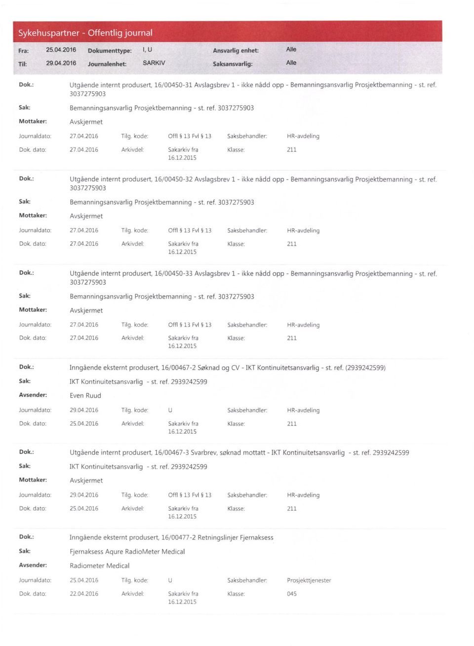 2016 Tilg. kode: Offl 13 Fv1 13 Saksbehandler: HR-avdeling 27.04.