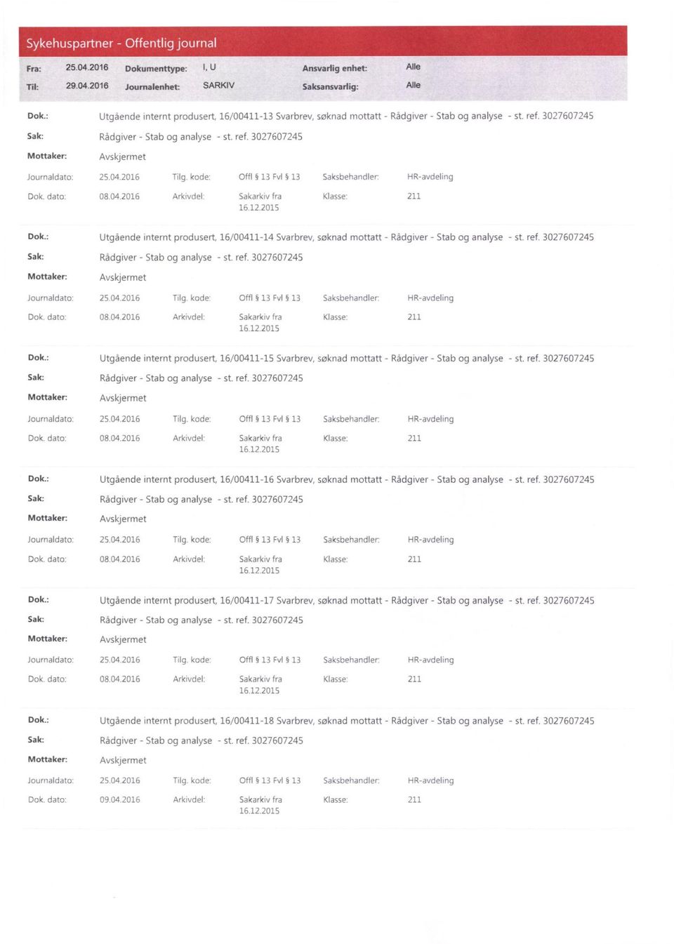 kode: Offl 13 Fv1 13 Saksbehandler HR-avdeling 08.04.2016 Arkivdel: Sakarkiv fra Klasse: 211 Utgående internt produsert, 16/00411-15 Svarbrev, søknad mottatt - 25.04.2016 Tilg.