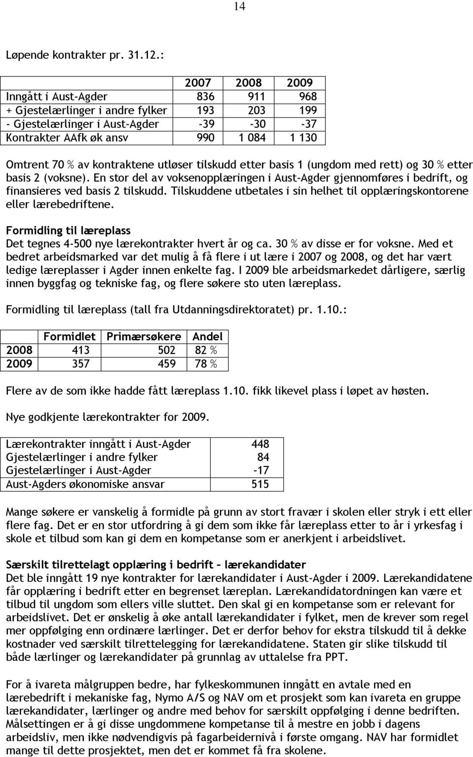 kontraktene utløser tilskudd etter basis 1 (ungdom med rett) og 30 % etter basis 2 (voksne). En stor del av voksenopplæringen i Aust-Agder gjennomføres i bedrift, og finansieres ved basis 2 tilskudd.