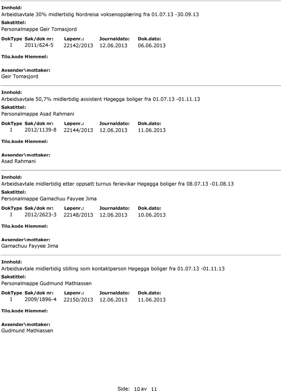 624-5 22142/2013 Geir Tomasjord Arbeidsavtale 50,7% midlertidig assistent Høgegga boliger fra 01.07.13-01.11.