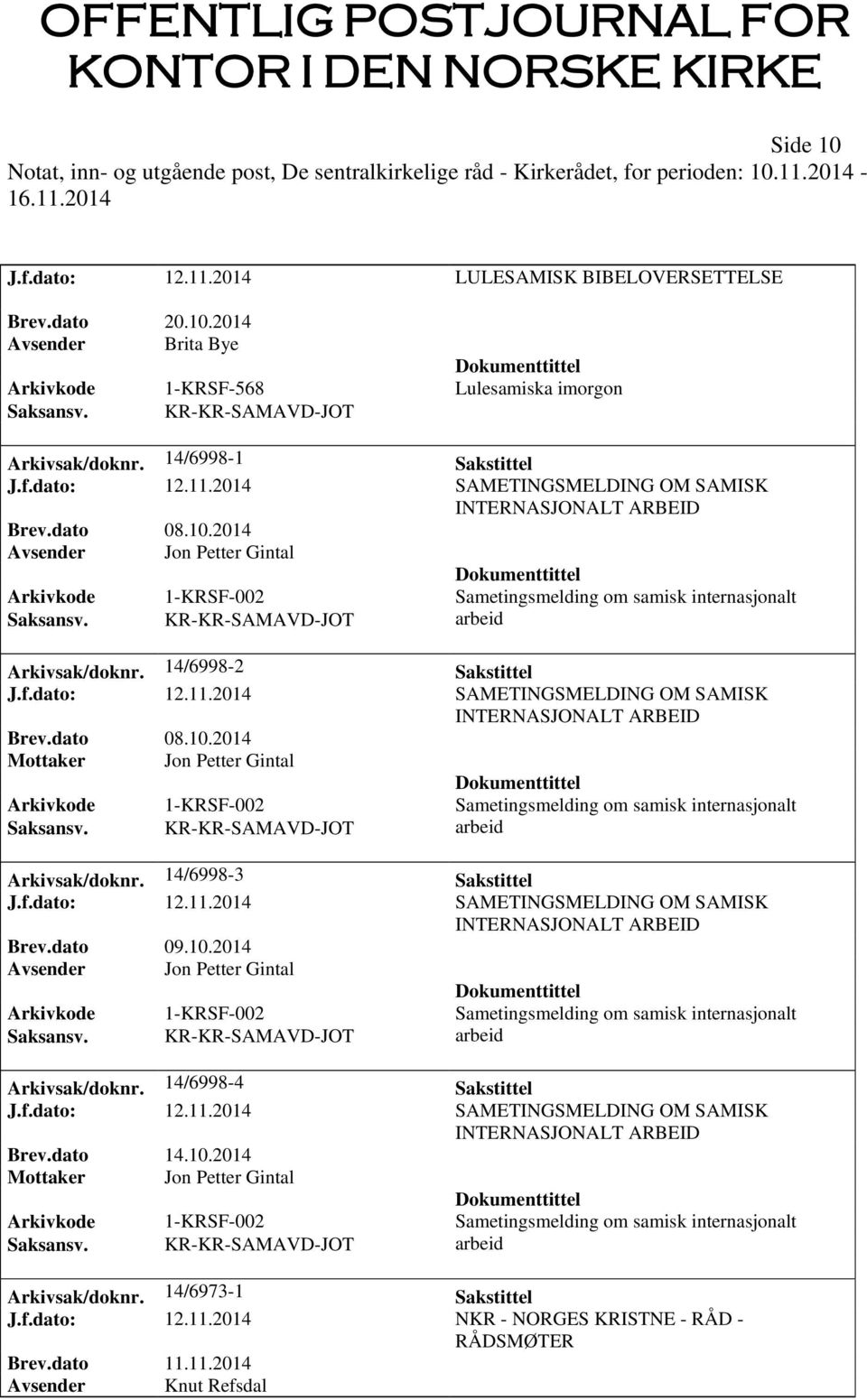 2014 SAMETINGSMELDING OM SAMISK INTERNASJONALT ARBEID Brev.dato 08.10.2014 Mottaker Jon Petter Gintal Arkivkode 1-KRSF-002 Sametingsmelding om samisk internasjonalt arbeid Arkivsak/doknr.