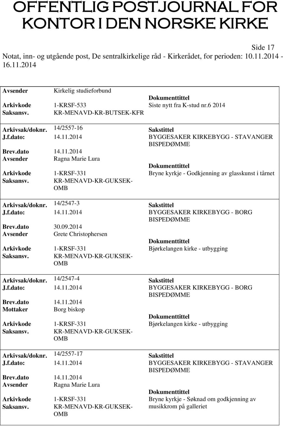 14/2547-3 Sakstittel J.f.dato: 14.11.2014 BYGGESAKER KIRKEBYGG - BORG BISPEDØMME Brev.dato 30.09.