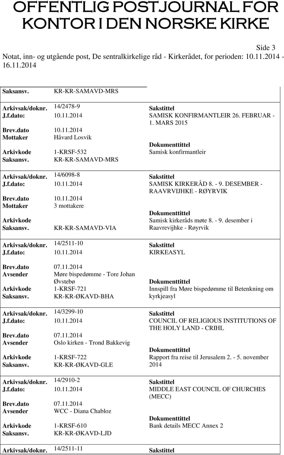 DESEMBER - RAAVRVIJHKE - RØYRVIK Mottaker 3 mottakere Arkivkode Saksansv. KR-KR-SAMAVD-VIA Arkivsak/doknr. 14/2511-10 Sakstittel J.f.dato: 10.11.2014 KIRKEASYL Samisk kirkeråds møte 8. - 9.